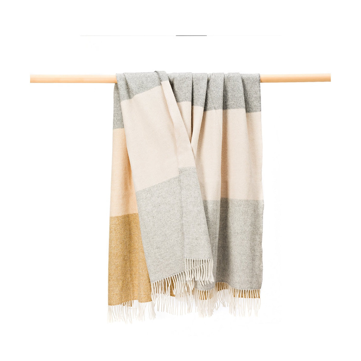 Merino Lambswool Blanket Camel Beige Grey Herringbone Stripe