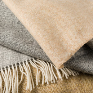 Merino Lambswool Blanket Camel Beige Grey Herringbone Stripe