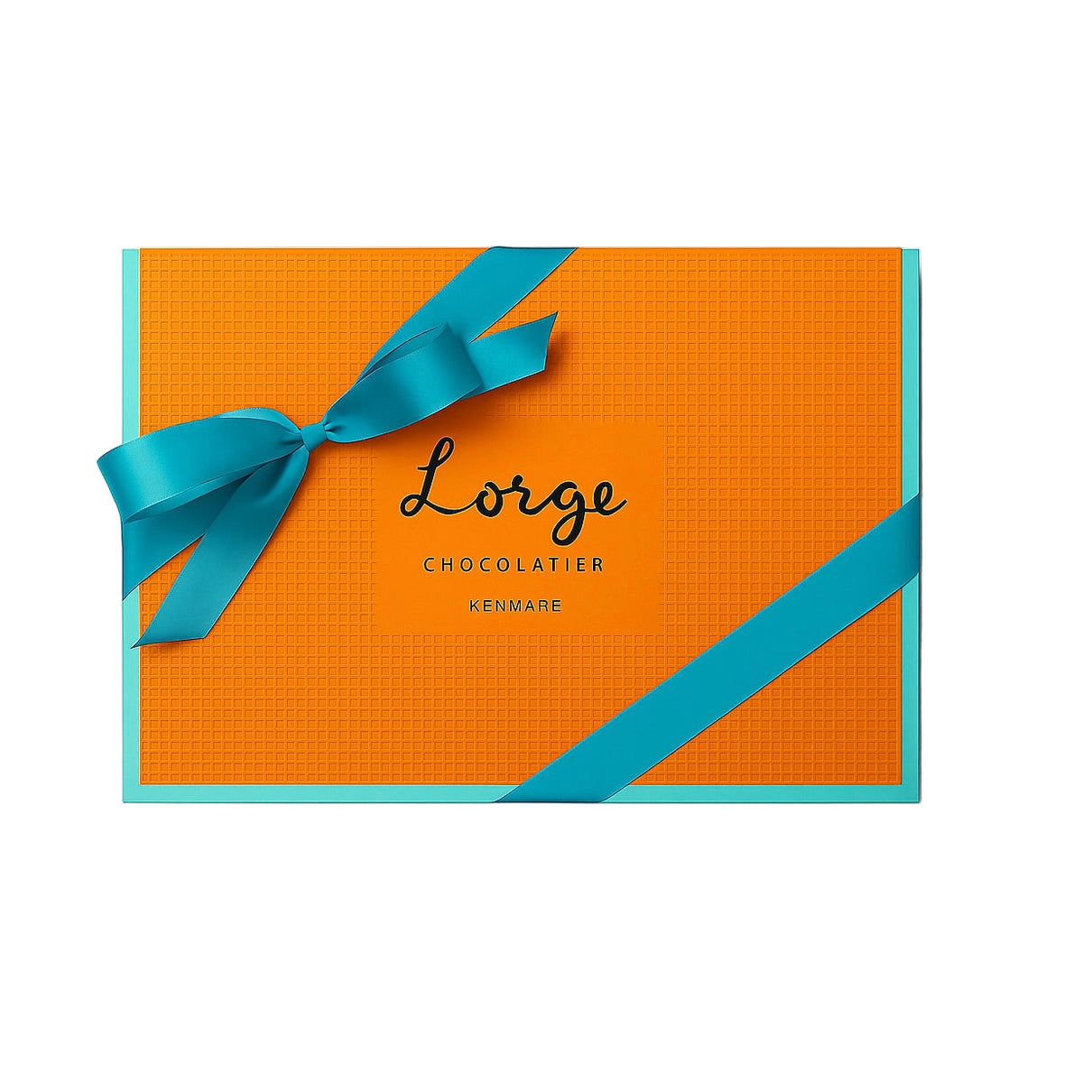 Orange chocolate box with a blue ribbon and 'Lorge Chocolatier' branding on a white background