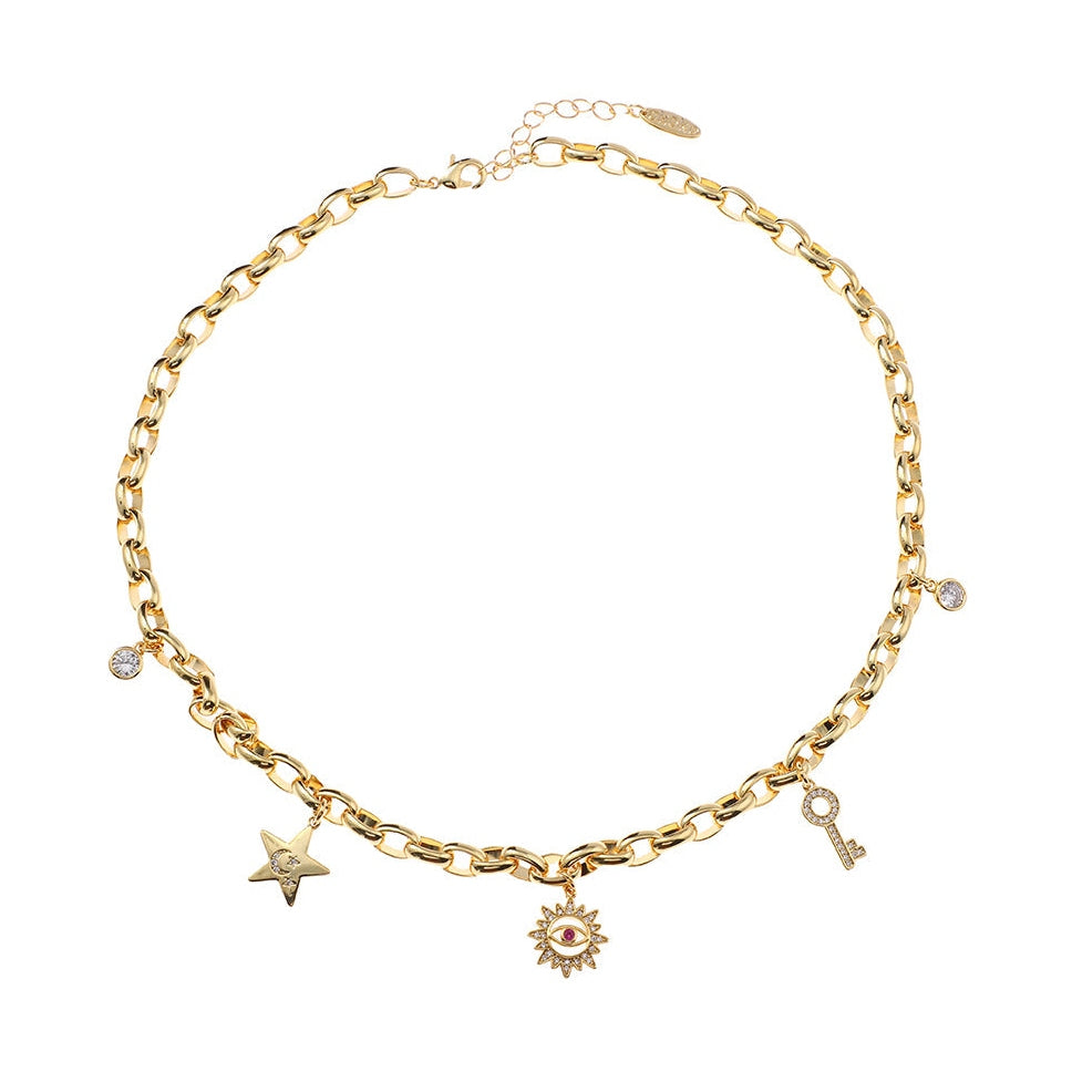 Helene Charm Necklace Gold White CZ Ruby CZ