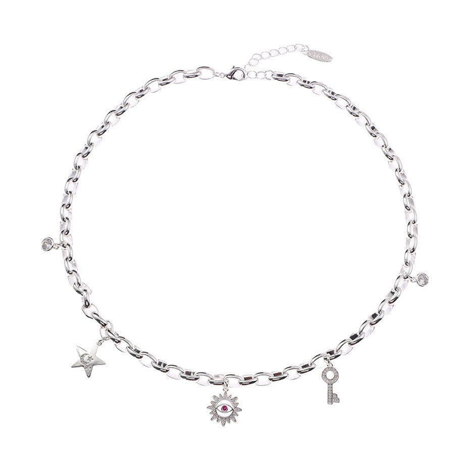 Helene Charm Necklace Silver White CZ Ruby CZ